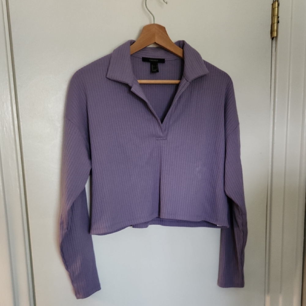 Forever 21 Lavender Collared Crop Long Sleeve Shirt